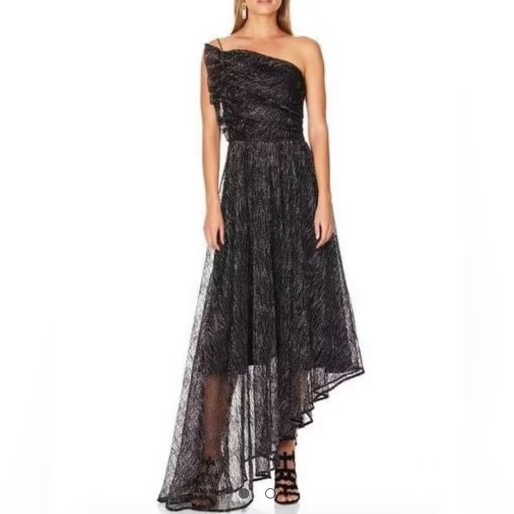La Maison Talulah Starcrossed Lover Black Gold Metallic High Low Gown L